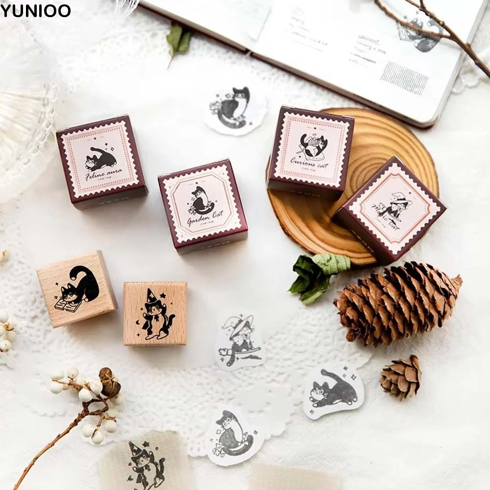 

Diy Craft Black Cat Stamps Retro Vintage Cute Pet Wooden Rubber Stamps Handmade Animal Shape Cat Seal Stamping