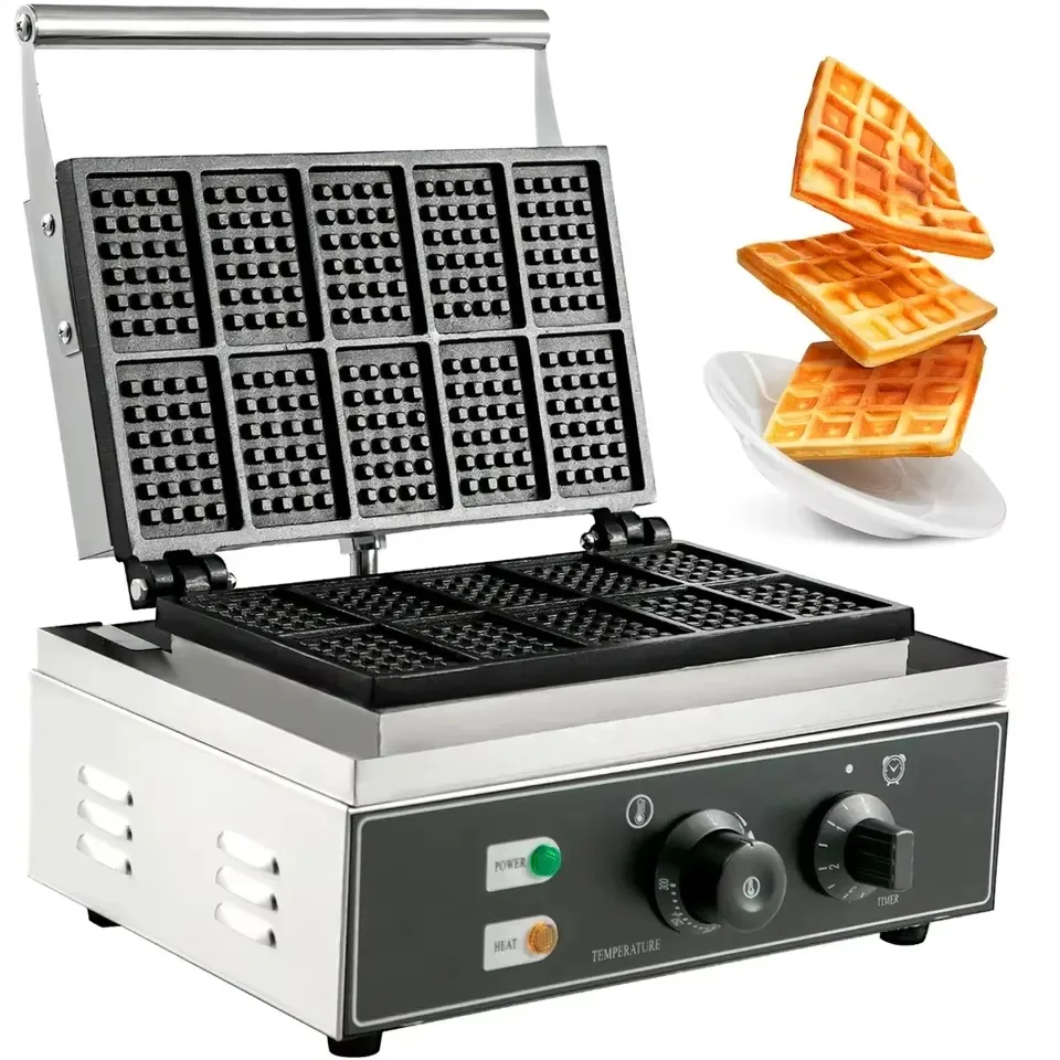 Manufacturer wholesale commercial rectangular waffle bread machine 10pcs non-stick electric Belgian waffle machine snack machine