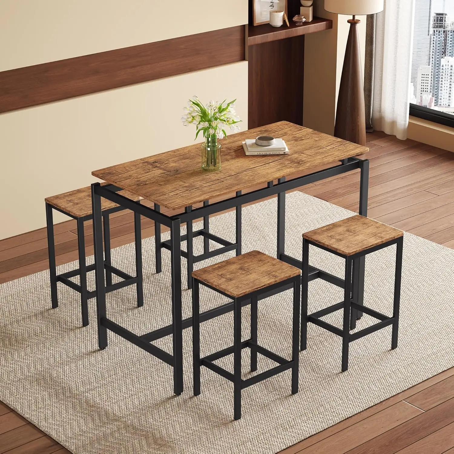 Industrial Dining Table Set With Stools Of 4 For Small Space, Modern Compact Bar Table Set With Table And Stools, 5 Piece Metal