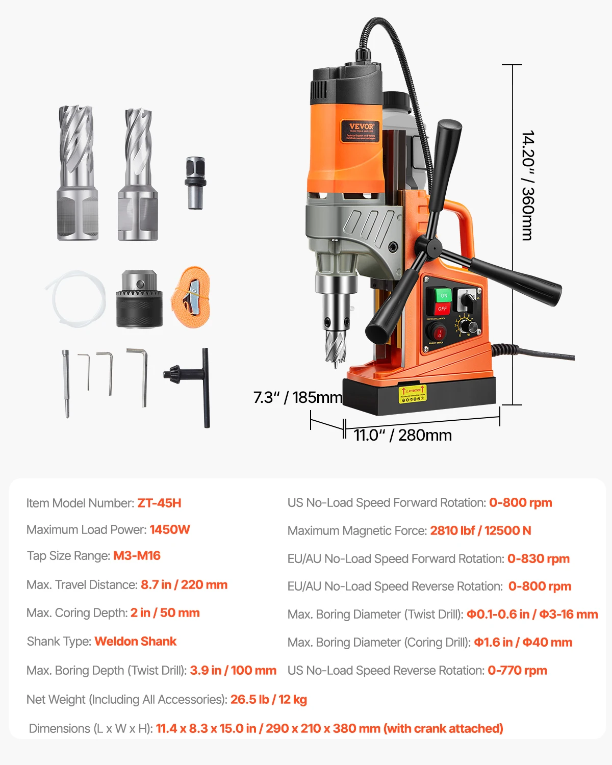 SucceBuy Magnetische Boor 1450 W Motor Saai Diameter 2810 lbf Draagbare Elektrische Mag Kolomboor Variabele Snelheid Boormachine