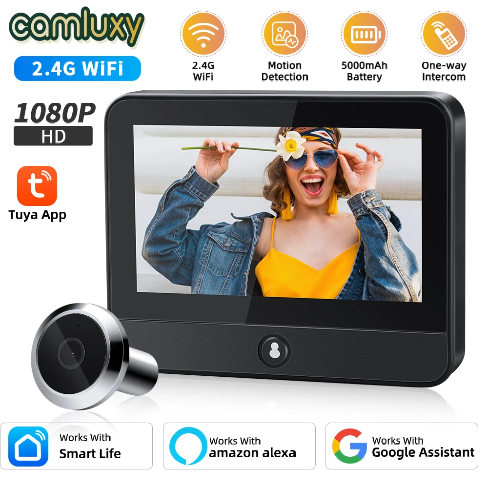 Camluxy Tuya 1080P WiFi 4,3 pulgadas cámara de puerta Digital detección automática cámara de ojo de puerta PIR alarma de movimiento protección de