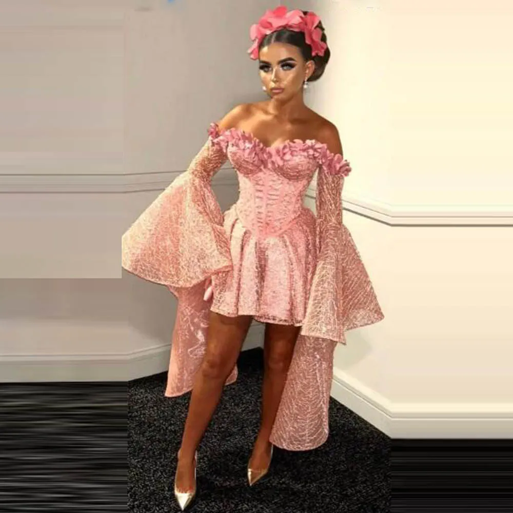 Mini Lace Cocktail Dresses Off The Shoulder Unique Long Sleeves Short Prom Dress Aso Ebi Girls Prom Gowns Christmas Vestidos