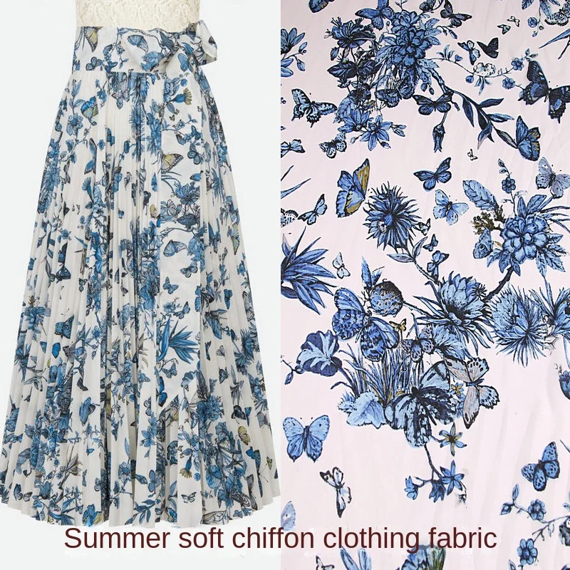 Spring and Summer Brand Butterfly Print Large Swing Skirt Soft Chiffon Fabric DIY Handmade Sewing Shirt Clothing Fabric