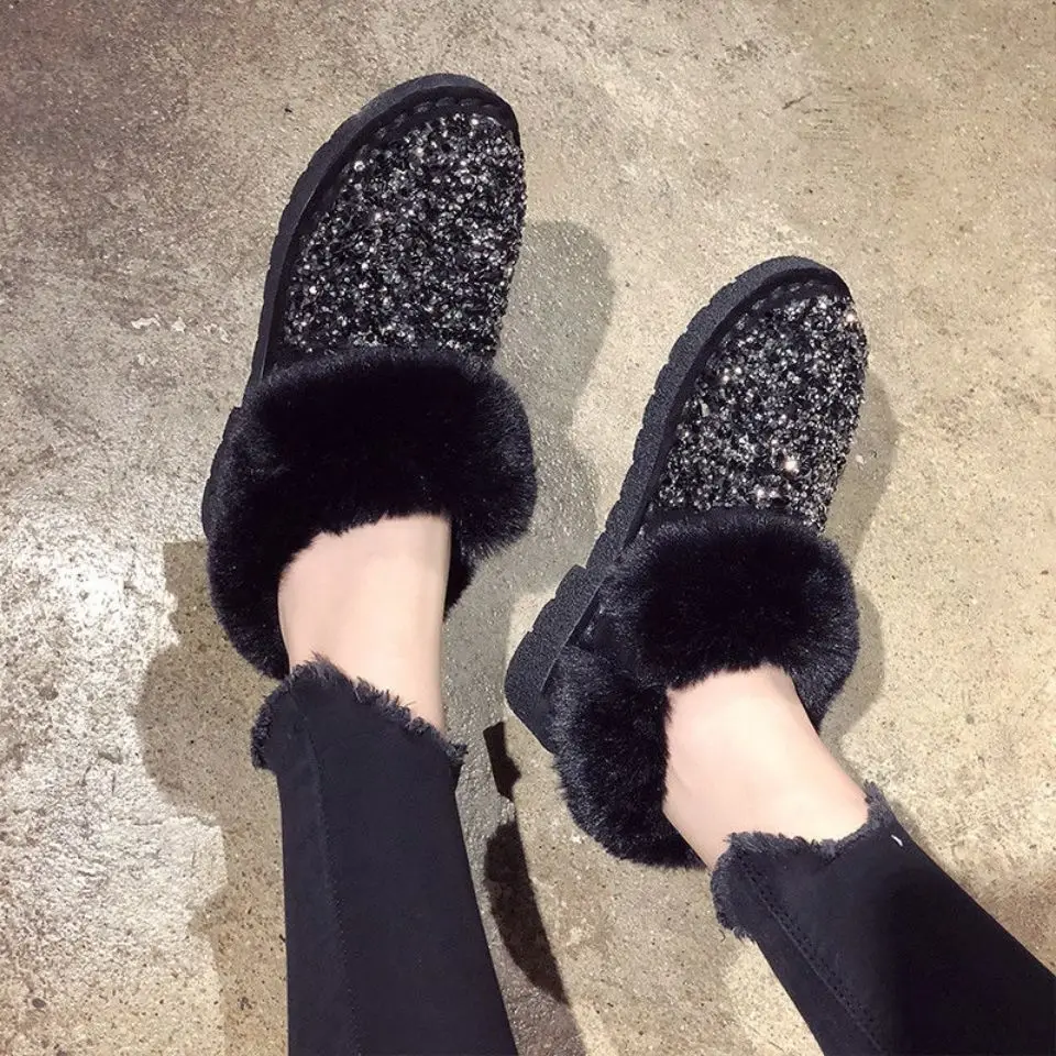 

Зимние женские зимние ботинки на плоской подошве с блестками, распродажа, плюшевая теплая обувь, новая рок-мода 2025 года, Y2k, пушистая женская обувь