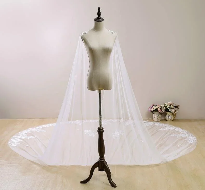 Cathedral Cape veil Tulle Lace Wedding Cloak Shrug White/Ivory Long Bridal Beach Shawl Wrap cape dress