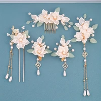 Ensemble de 5 pièces avec motifs floraux et pompons vintage, accessoires pour cheveux Hanfu faits à la main, flo artificiel de style classique élégant 2