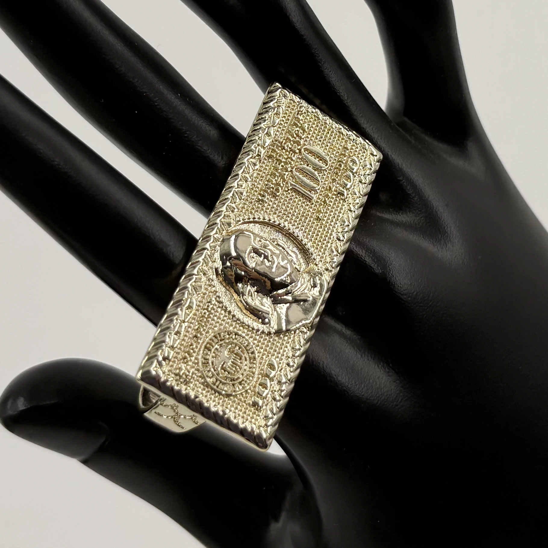 100 Dollar Bill Design 2 Finger Ring Heavy Rough Hip Hop Style 14K Gold Plated Big Size Men's Party Gift US Dollar Theme view 6