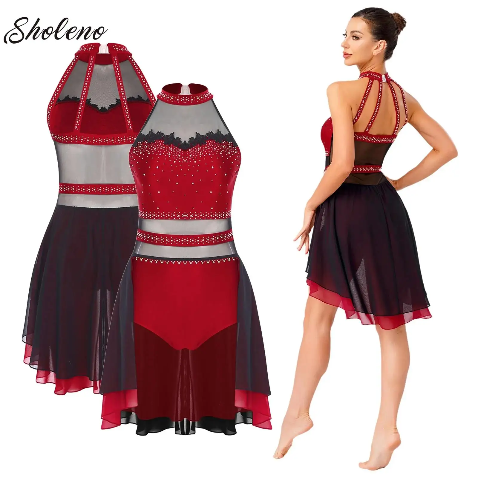 

Womens Ballet Tutu Dress Modern Lyrical Dance Performance Costumes Sparkly Rhinestone Gymnastics Roller Ice Skating Dancewear