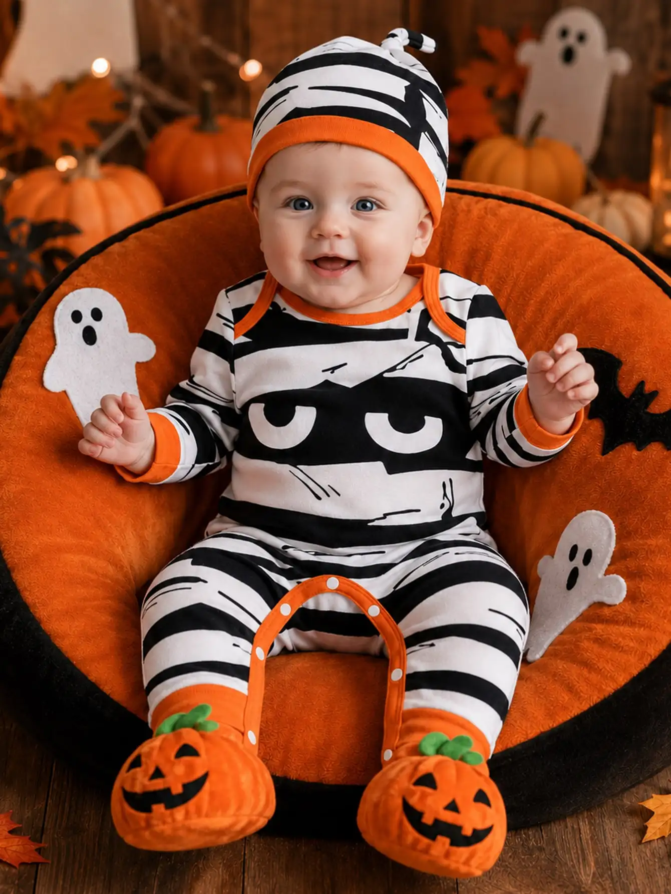 2pcs Baby Boy Romper Hat Cute Black White Orange Mummy Print Eyes Graphic Striped Long Sleeve Round Neck Halloween Fall Cozy Scoobydoo Snap Crotch