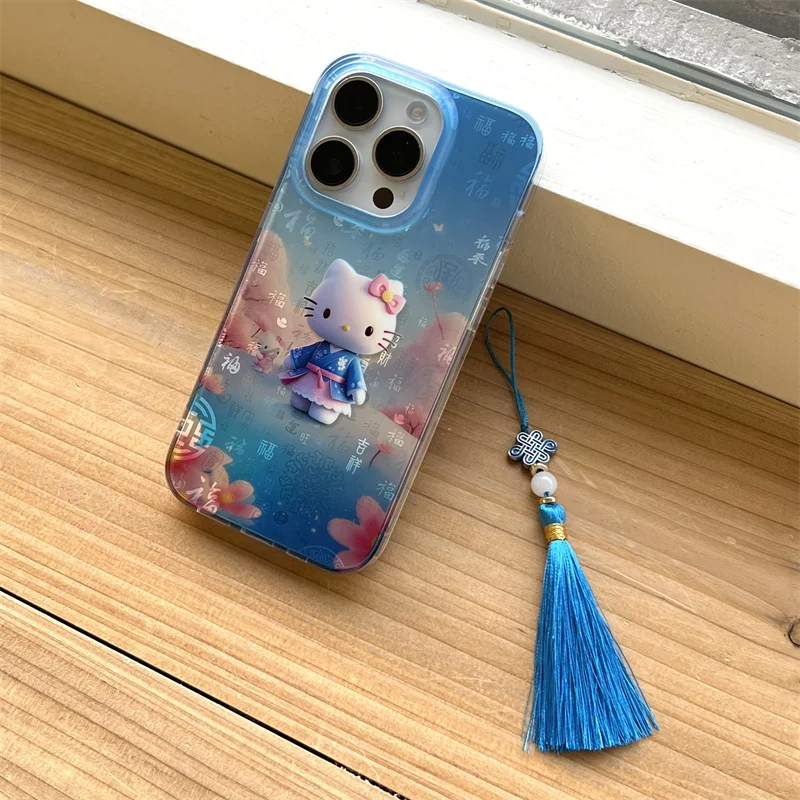 

Luxury Retro Cute Blue Hanfu Hello Kitty Laser KT Phone Case For iPhone 13 14 15 16 Pro Max Cartoon Lovely KT Tassel Pendant