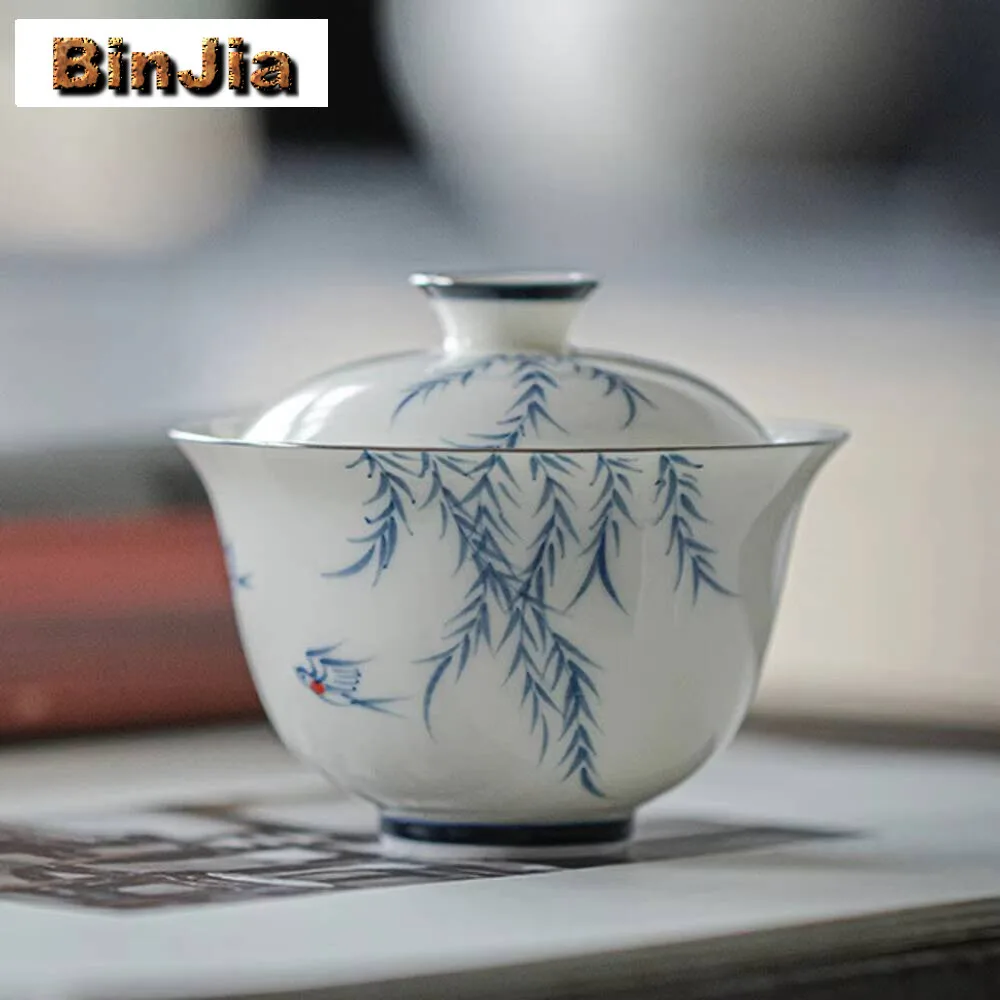 135Ml Hand Painted Willow Birds Jade Porcelain Gaiwan For Tea Tureen Teaware Cup Chinese Bowls Chawan Ceramony Set