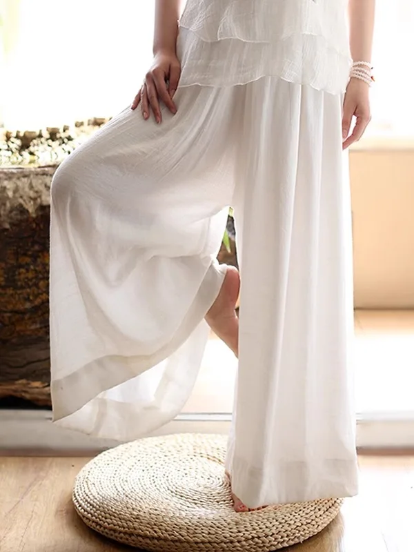 White Cotton Linen Wide Leg Pants Women's Yoga Trousers New Chinese Style Hanfu by Shidreams Asymmetrical Original Style Casu...