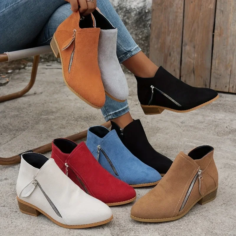 

Женские ботильоны из искусственной замши с боковой молнией, на низком каблуке, с острым носком, повседневные, удобные, осенне-зимние, для прогулок