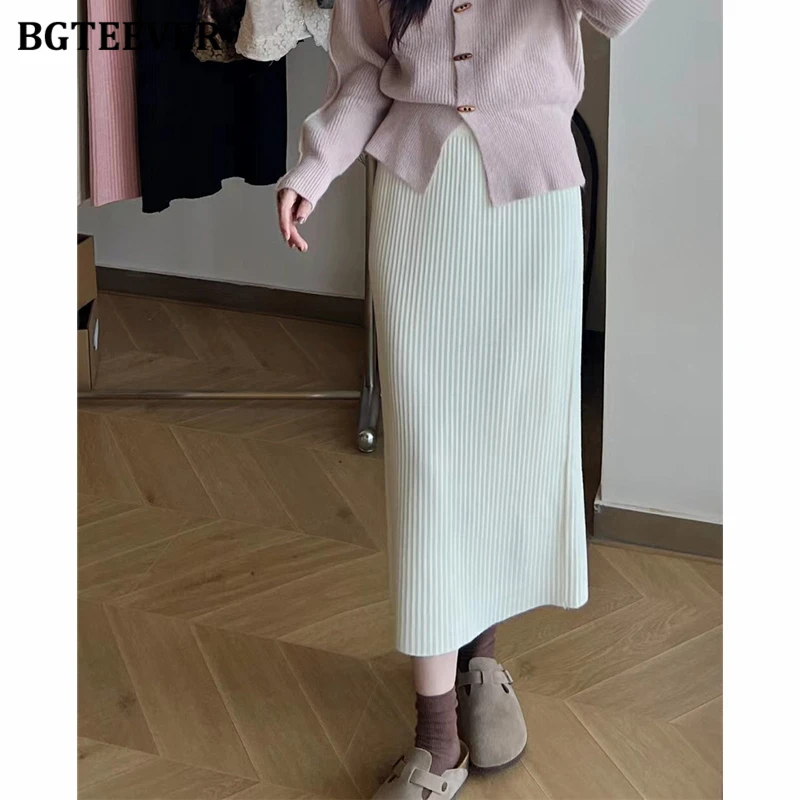 BGTEEVER Autumn Winter Slim Women Knitted Skirts Stylish Elastic Waist Bodycon Sweater Skirts Female