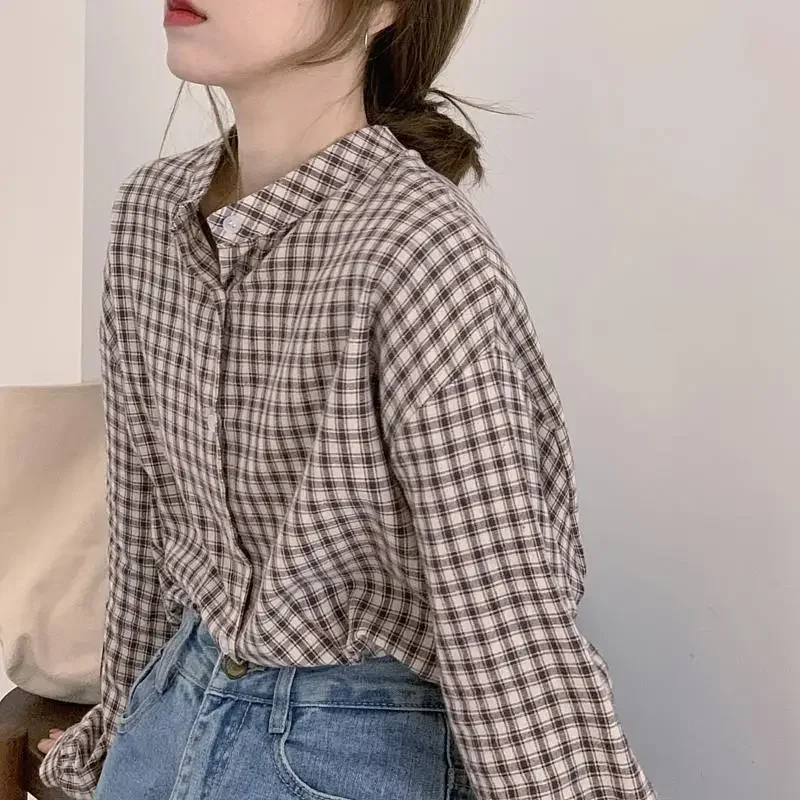 Basic Vintage Plaid Shirts Women Simple Loose BF Harajuku Y2k Leisure Cozy Elegant All-match Streetwear Tops Chic Trendy Ulzzang