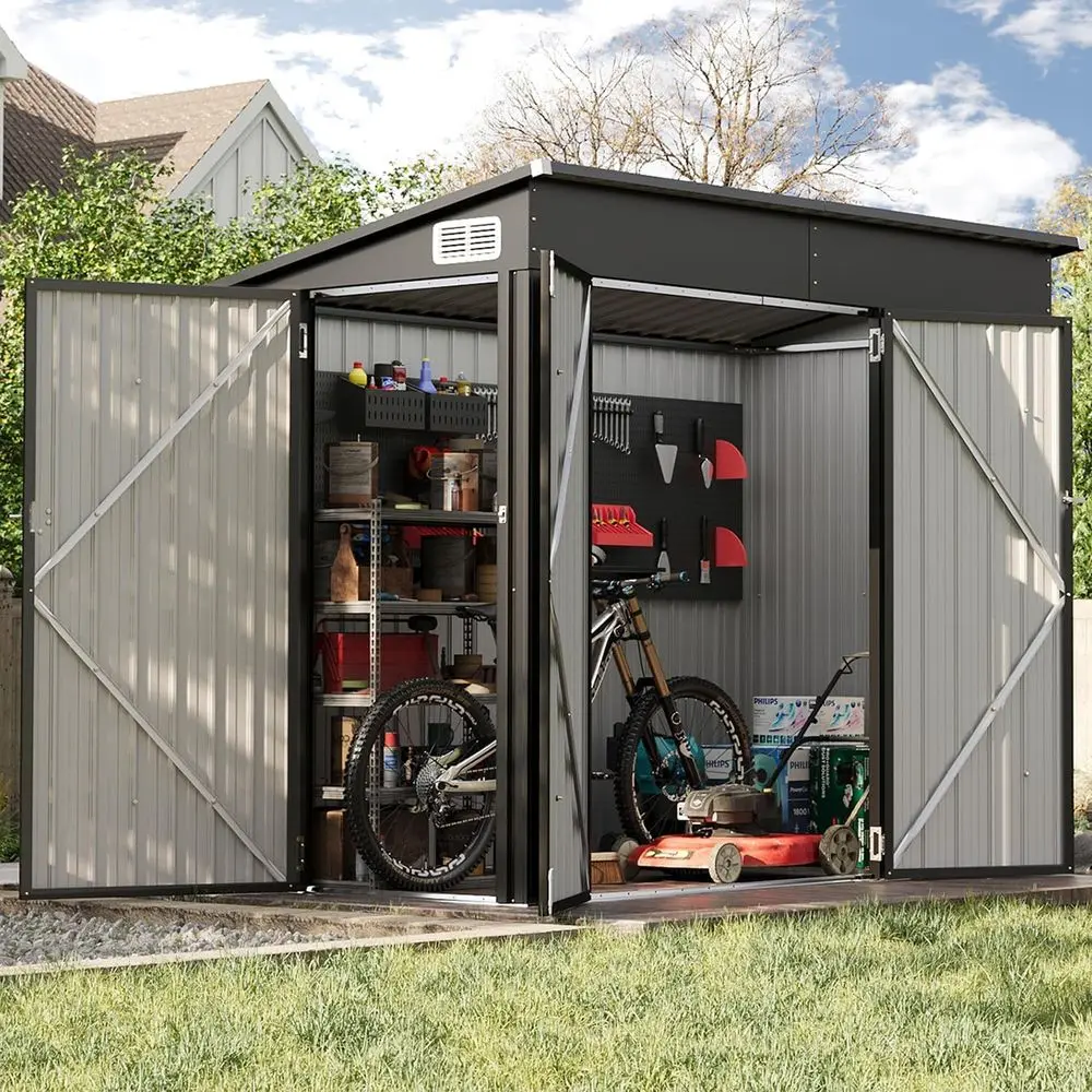 

Outdoor Triple Door Storage Shed - 7.5' x 4' Metal Cabinet with Sloping Roof for Garden and Backyard Use, Black