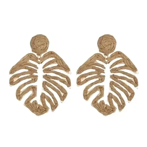 Vintage Raffia Palm Leaf Stud Earrings Khaki Raffia Straw Stud Earring for Women Summer Tropical Beach Jewelry Gifts