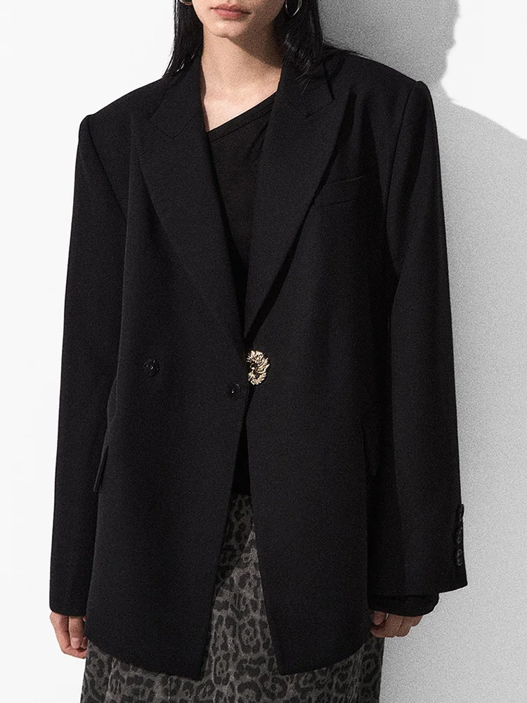 YERMORA Zwarte Gesp Korte Stijlvolle Casual Voor Vrouwen Revers Lange Mouw Losse Fit Nieuwe Jas Mode Tij Lente Herfst 2025