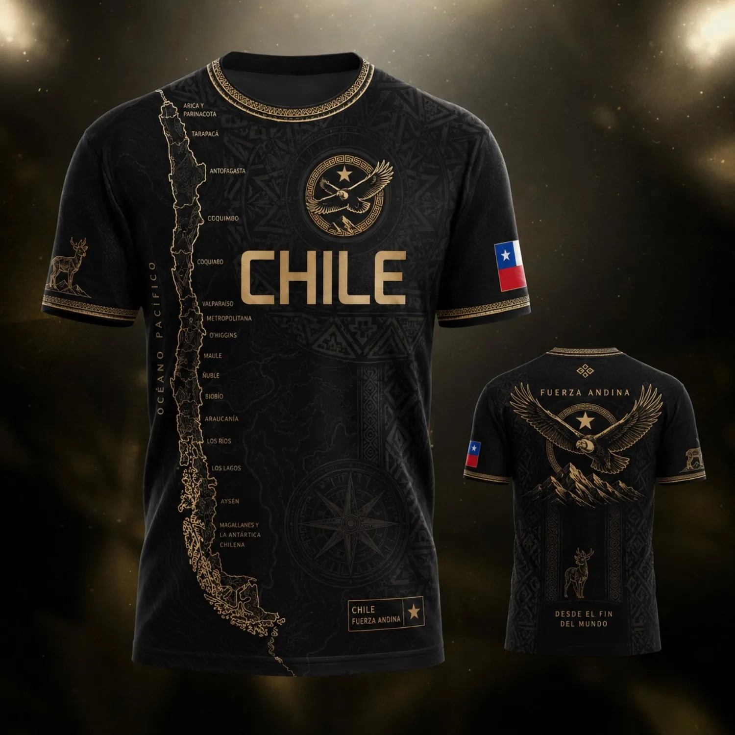 Mens Crewneck Tee Shirt Chile Black Gold Map Eagle Mountain Graphic Short Sleeve Casual Street Outdoor Team Style Top Wear Urban