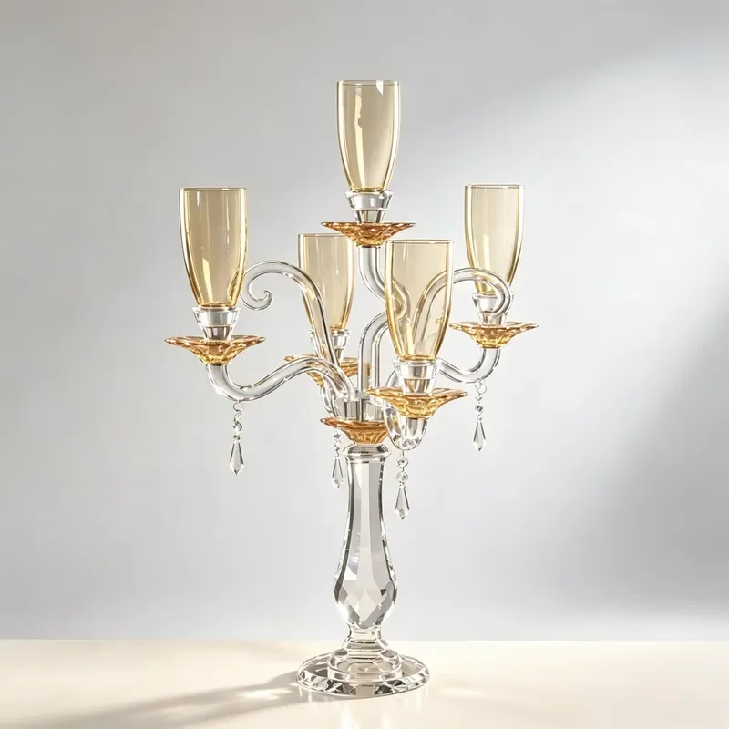 Gold 5 Arm K9 Crystal Candlestick with Amber Windproof Glass Lampshade Handmade Eco Friendly Decor for Wedding Table