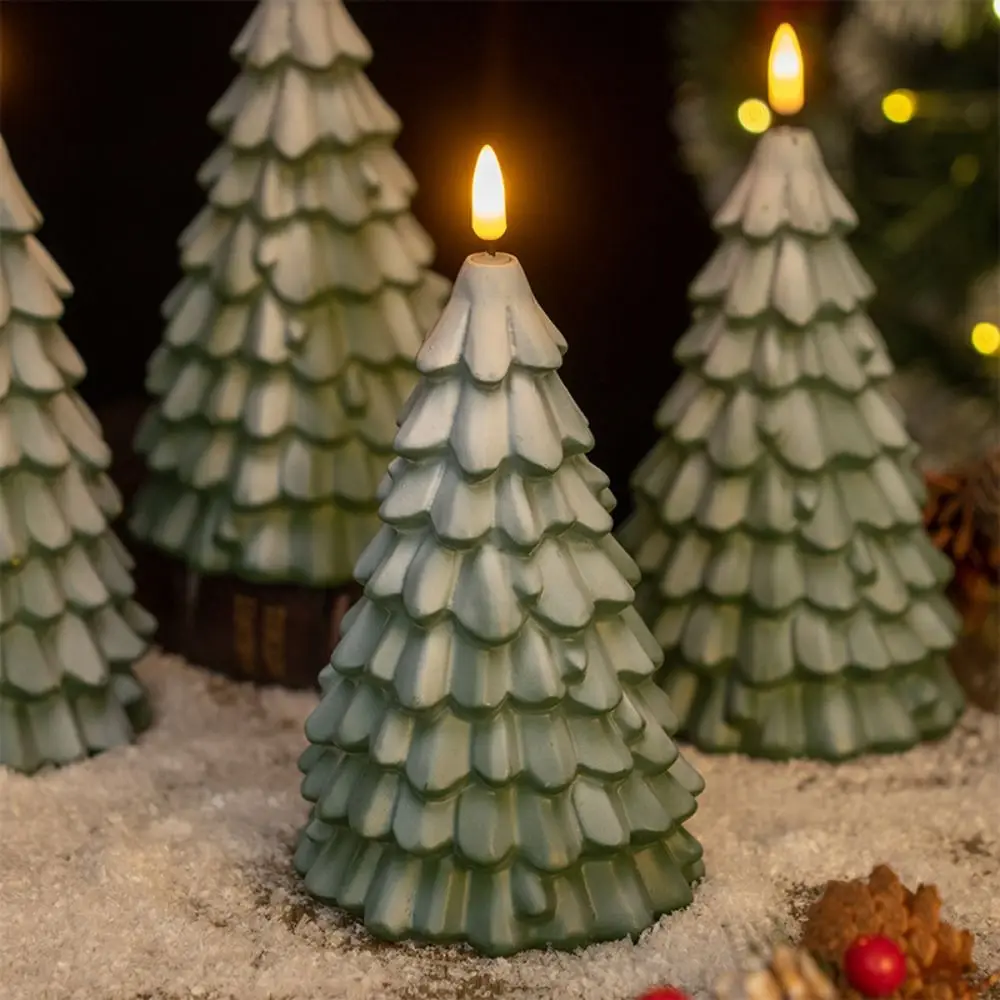 

PVC LED Candles Christmas Tree Shaped Battery Powered Flameless Pillar Candles Green 3D Flame Effect Christmas Tree Ornament