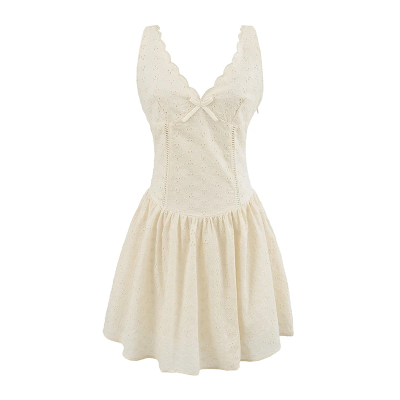 Robe jaune ajourée brodée sans manches pour femmes, avec nœud, col en V, taille basse, ligne a, Robe de fête de vacances, été 2025