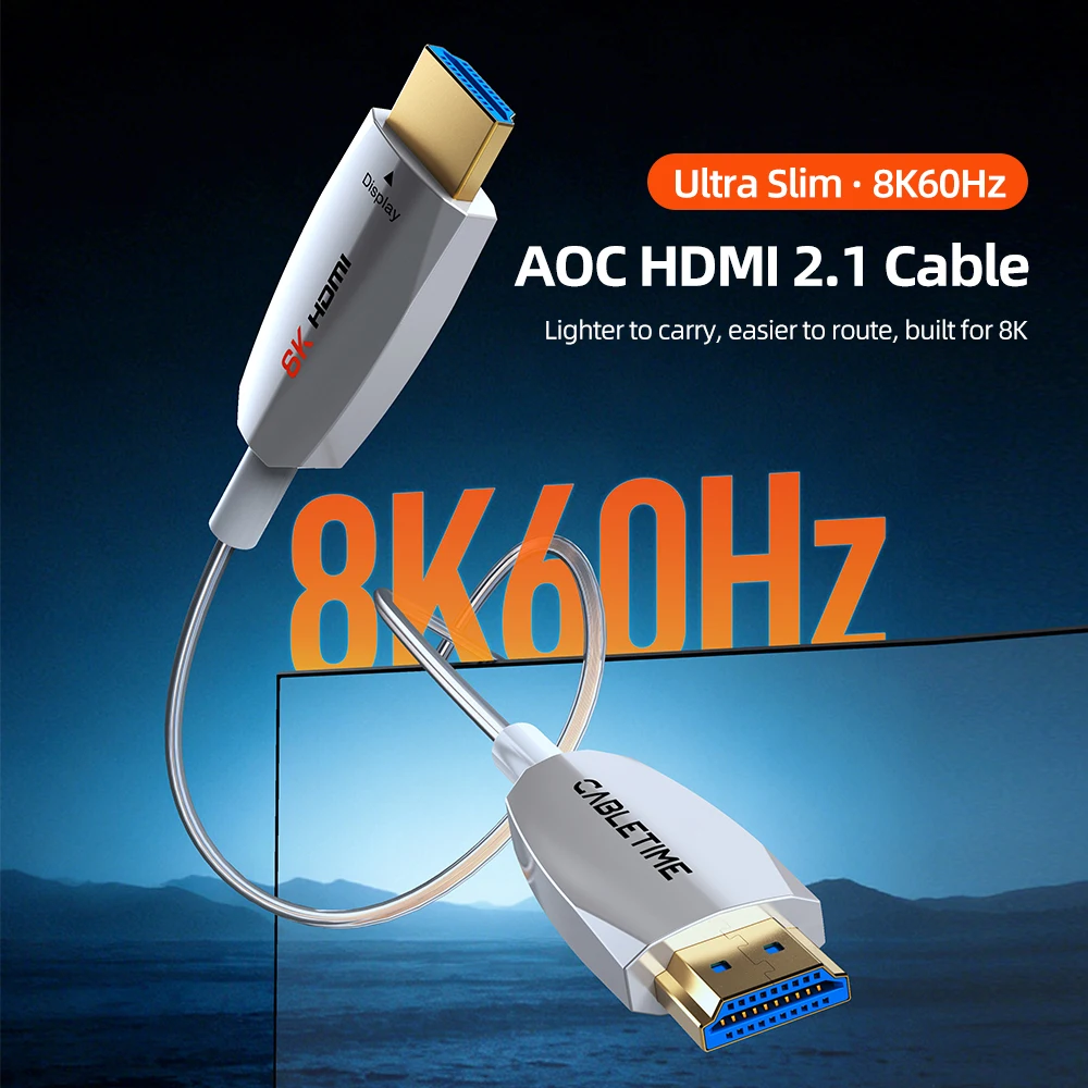CABLETIME Ultra Slim AOC HDMI Cable 48Gbps HDMI 2.1 8K@60Hz 4K@240Hz Slim Hdmi for Laptop Monitor Superior Flexibility 5m 8m