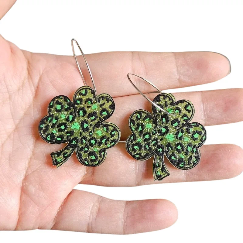 New St. Patrick's Day Acrylic Earrings Irish Green Sequin Leopard Pattern Clover Lucky Grass Leaf Earrings Gift