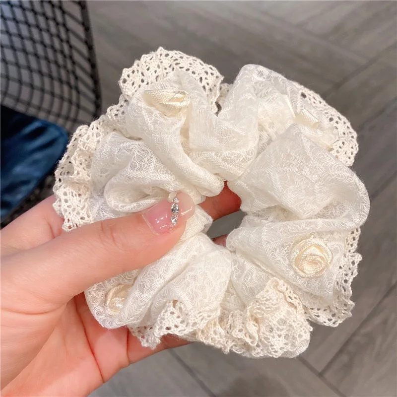 New Cotton Linen Hollow Embroidered White Large Intestine Hairband Girls Hair Ties Hair Ring For Women Hair Accessories