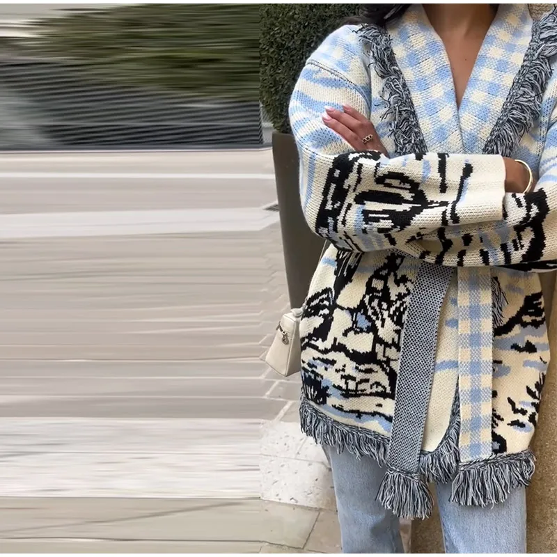 Knitted Jacquard Tassels Patchwork Cardigans Women Sweaters Long Sleeve V-neck Thicken Vacation Sweater 2025 Autumn Coats Tops