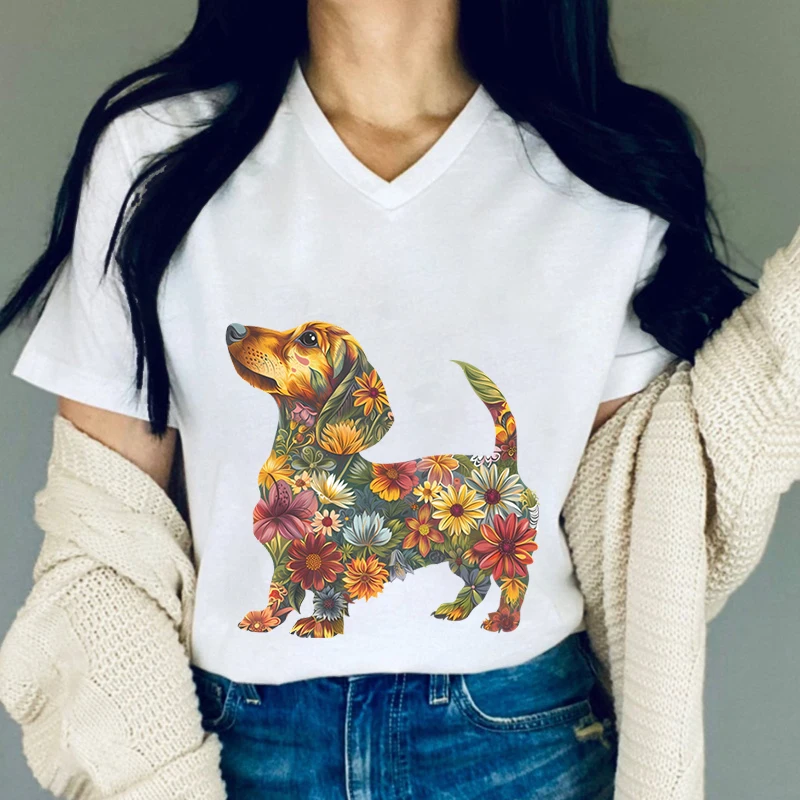 

Dachshund Lover Gift Women's Tee Shirt Floral Dachshund Graphic Tee Funny Dog Casual Tops Gift for Dog Mom V-neck Women Clothing