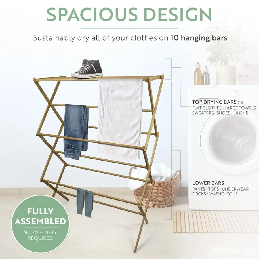 EcoFriendly Bamboo Drying Rack, Collapsible Laundry Clothes Hanger, 10 Hanging Bars, Minimalist Space Saving Design