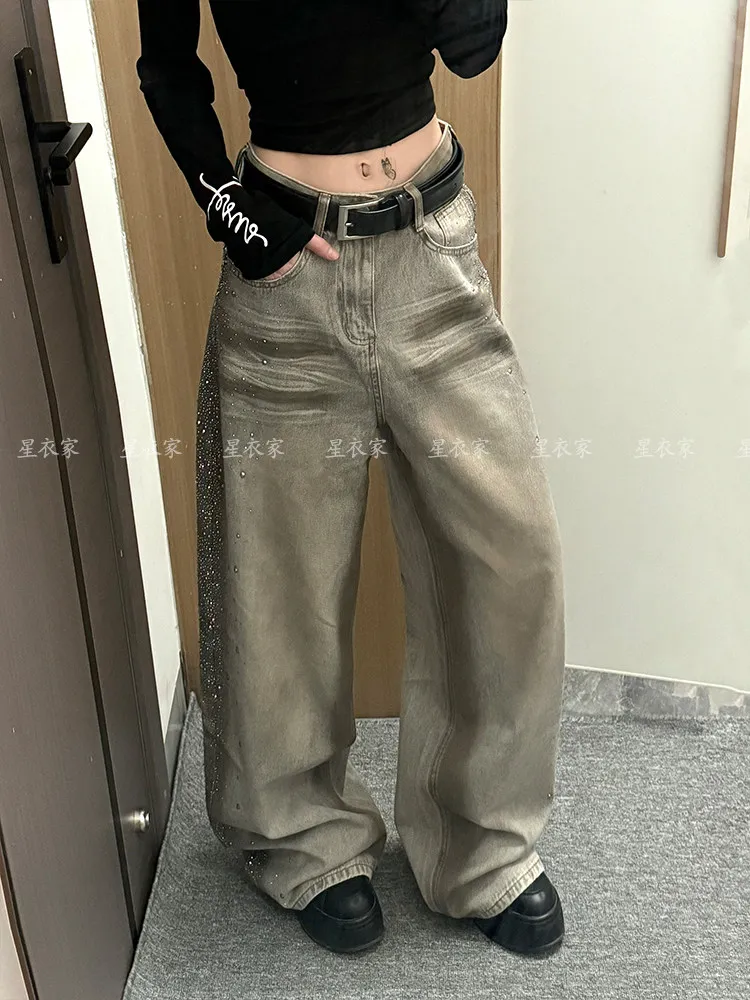 American High Street Starry Diamond Splicing Jeans Women's Spring Hot Girl Design Faionable All-Match Floor-Length Pants