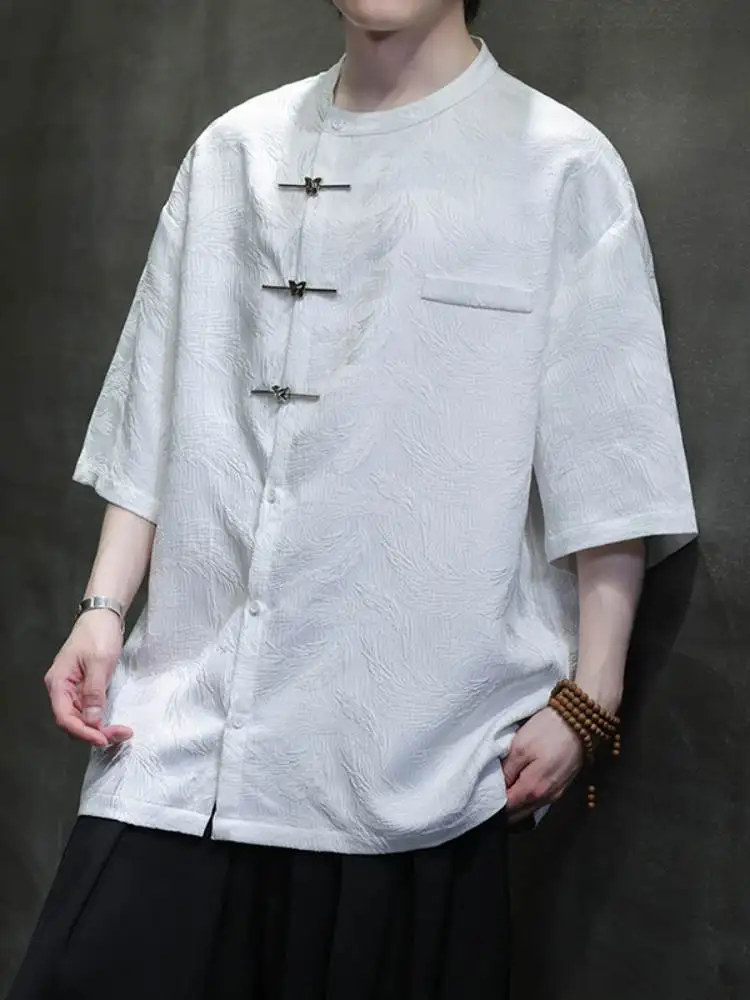 

Новая мужская рубашка в китайском стиле с коротким рукавом, на пуговицах, с цветочной вышивкой, свободного кроя, летняя, из тонкого хлопка, традиционный костюм Тан