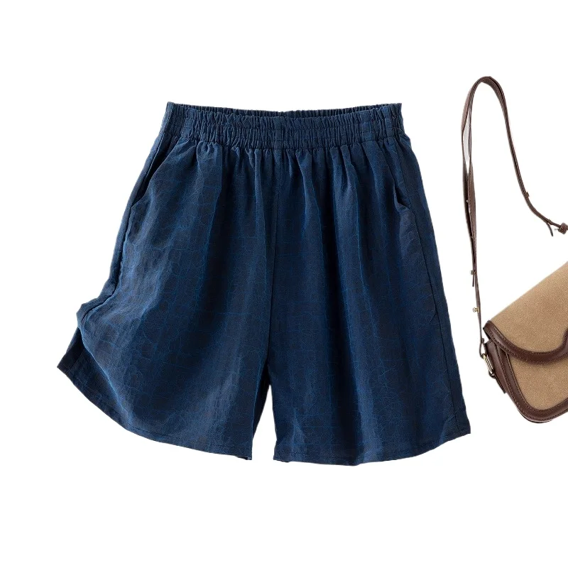 2025 Women's Fashion Summer New 100% Natural Mulberry Silk Gambiered Guangdong Gauze Turtle Crack Blue Casual Shorts