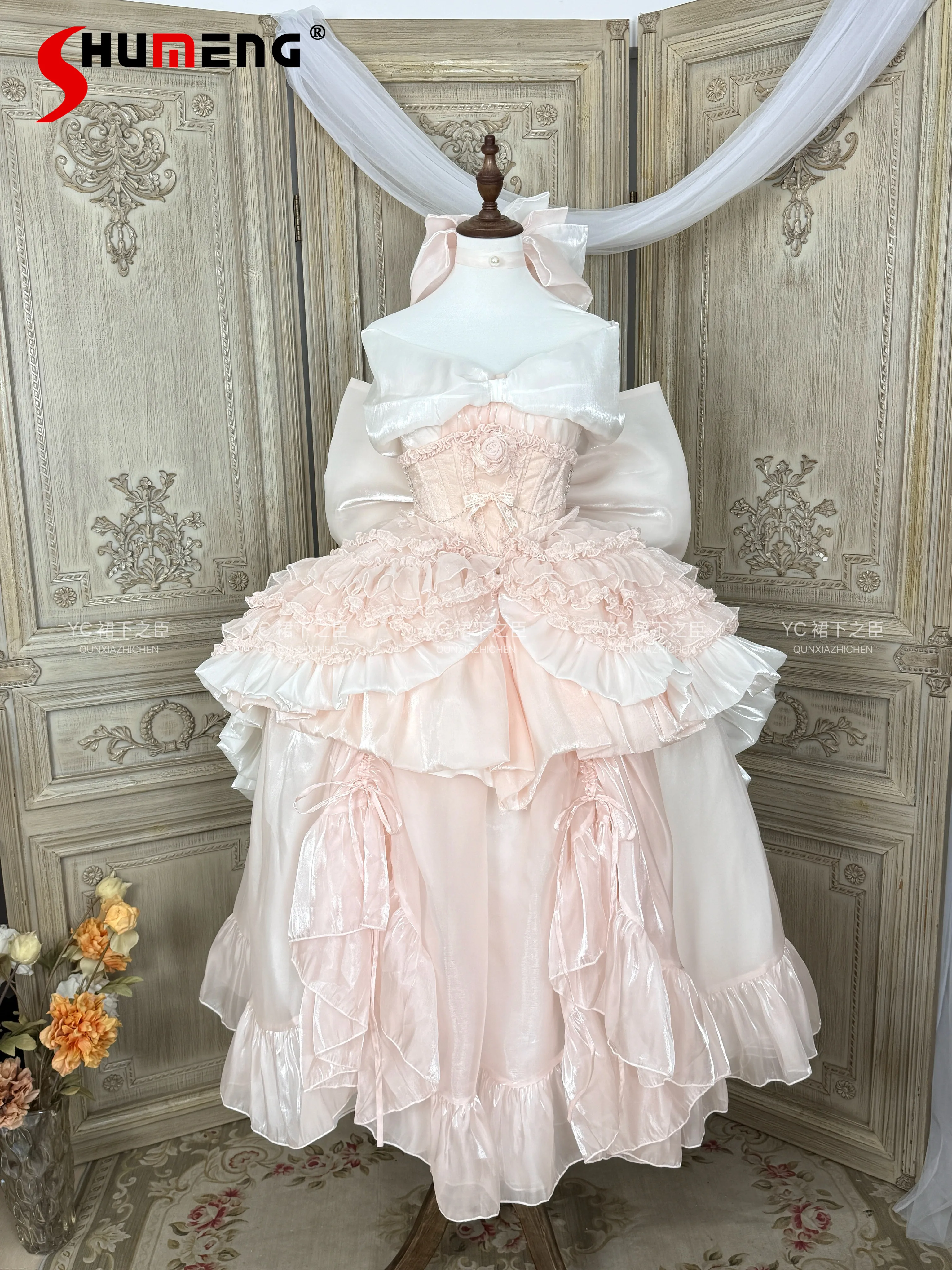 

High-end Pink Lolita Dress for Women Sweet Elegant Heavy Industry Big Bow Trailing Princess Dress Lady Evening Dress Ball Gown