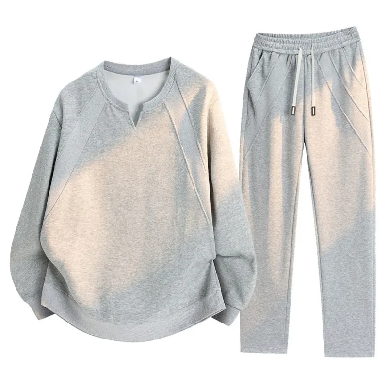 Men Spring Autumn Cotton Casual Sports Set V Neck Sweatshirt Loose Jogger Pants Two Piece Outfit Plus Size Street Wear