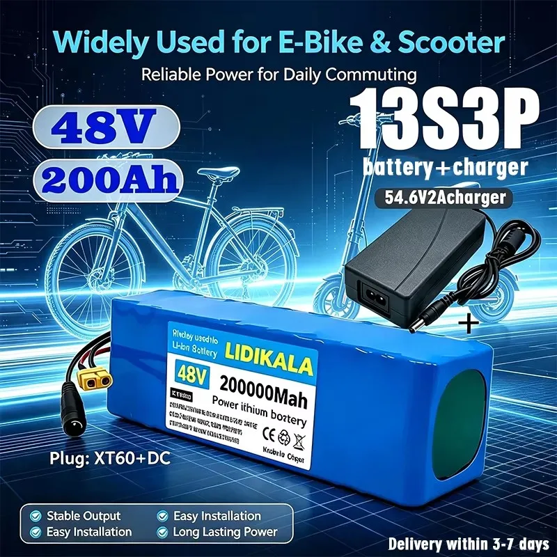 48V 200Ah wiederaufladbarer Lithium-Ionen-Akku 13S3P 2000W Motor, ausgestattet mit intelligentem BMS 54,6V Ladegerät, geeignet für Elektrofahrräder und Roller.