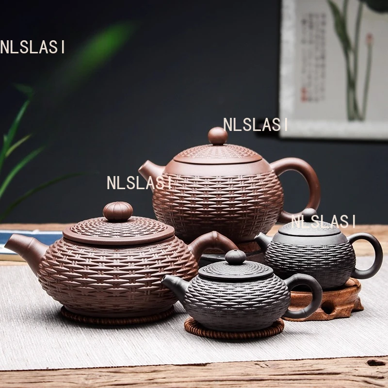 Earthenware Pot of Yixing Household Chinese Handmade Xishi Teapot Filter Large Tea Pot Bamboo Woven Antique Ceramic Tea Set