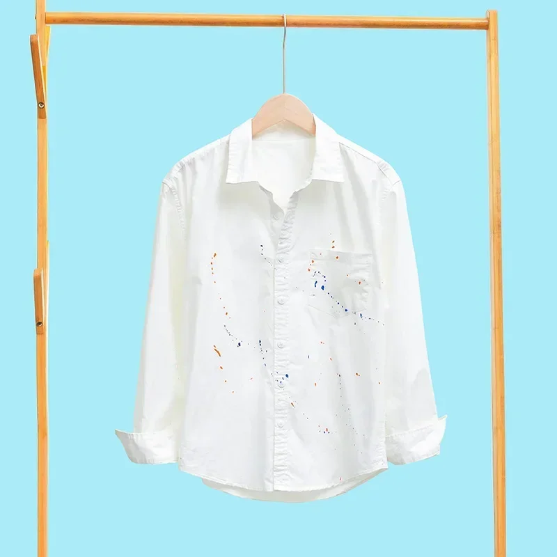 Spring Summer Long Sleeve White Shirt Men Casual 100%Cotton Man Shirts Splash Ink Designer Shirt Japanese Fashion Streetwear Top