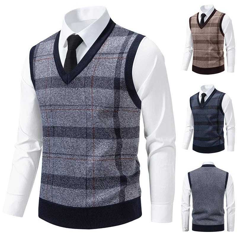 Men's V-neck Knitted Sweater Warm Autumn Winter Diamond Grid Twisted Flower Casual Fashion Versatile Knit Top
