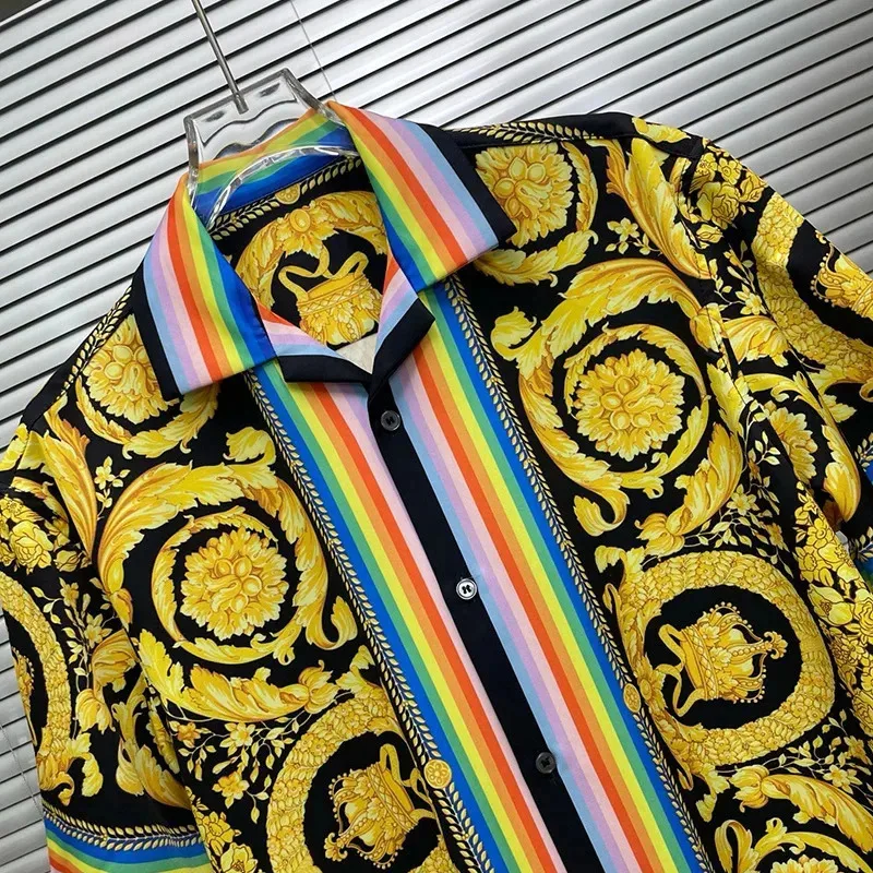 Men's High Quality Luxury Royal Short Sleeve Casual Summer Striped Side Floral Print Paisley Social Shirt Fast Shipping