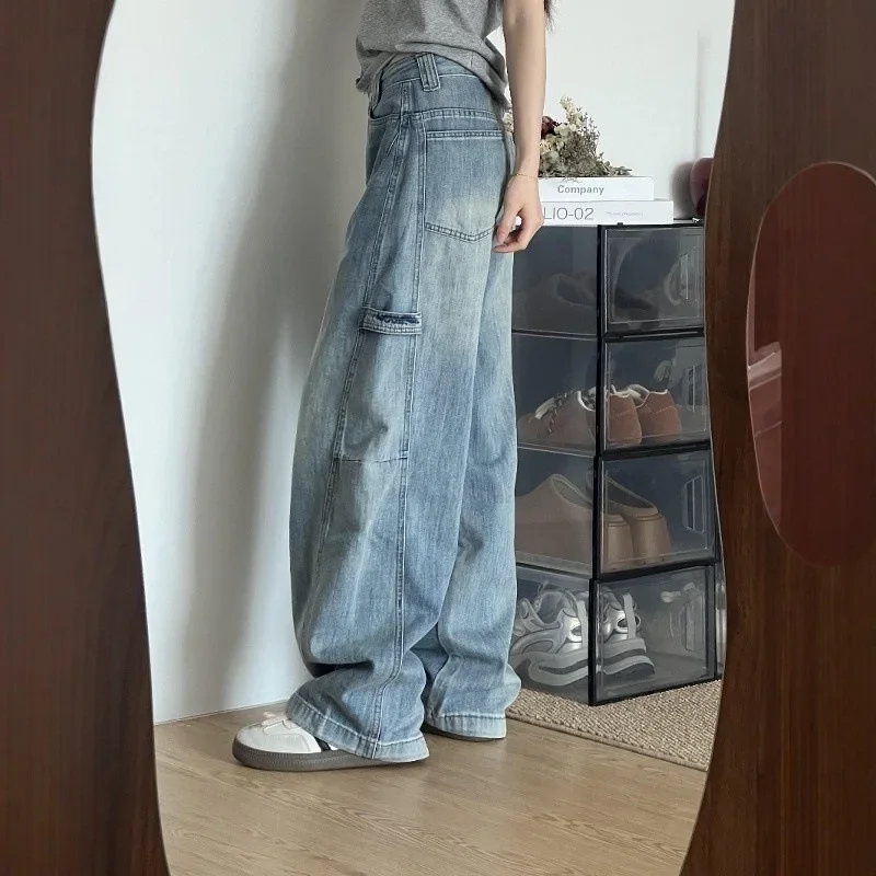 American New Fashion Men's Light Blue Washed Simple Basic Casual Trendy Daily Loose Wide Leg Straight Denim Trousers Male Jeans