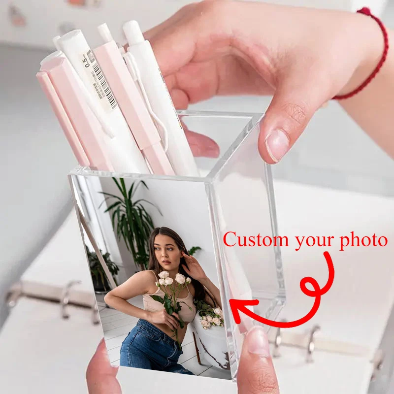 

Customized Photo Transparent Pen Holder Acrylic Durable Desktop Decoration DIY Makeup Brush Bucket
