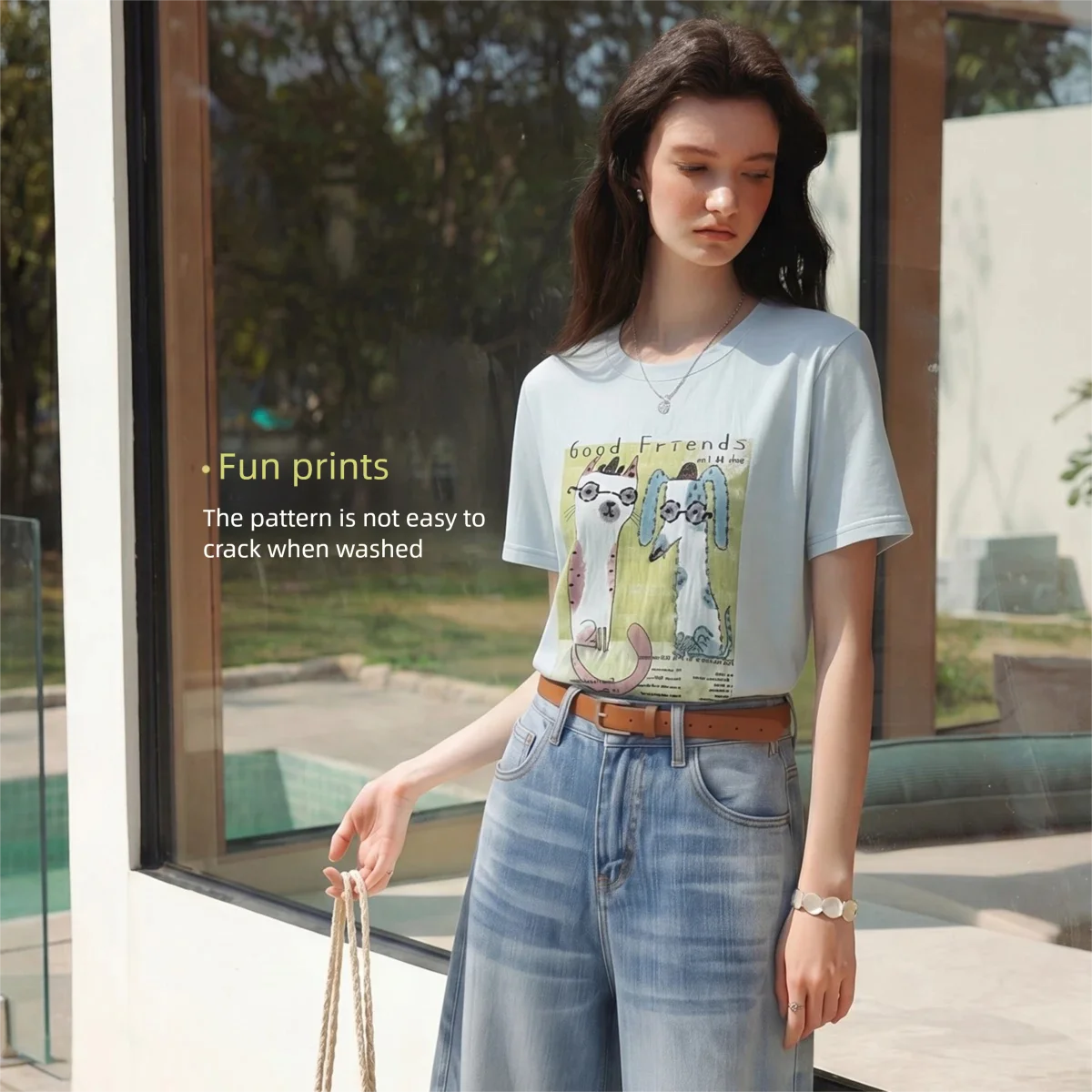 OLrain Versatile Ribbed Crew Neck Loose Top Women 2026 Summer Fun Color Contrast Cartoon Print Short Sleeve T-shirt O58XT006601