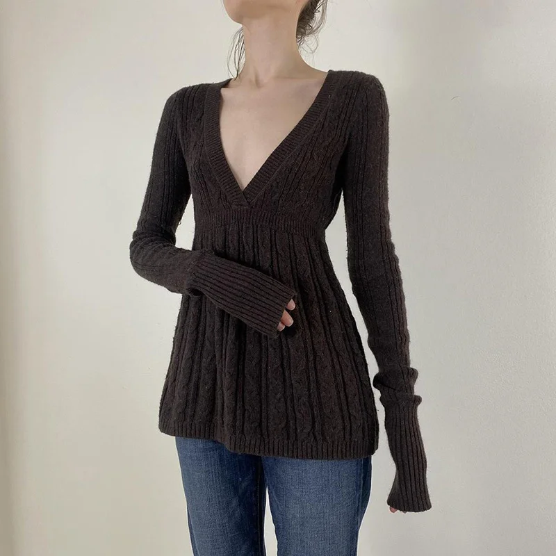 

Y2k винтажный теплый свитер женский готический мягкий гранж милый милый однотонный вязаный пуловер с длинными рукавами и v-образным вырезом с высокой талией женские топы новый