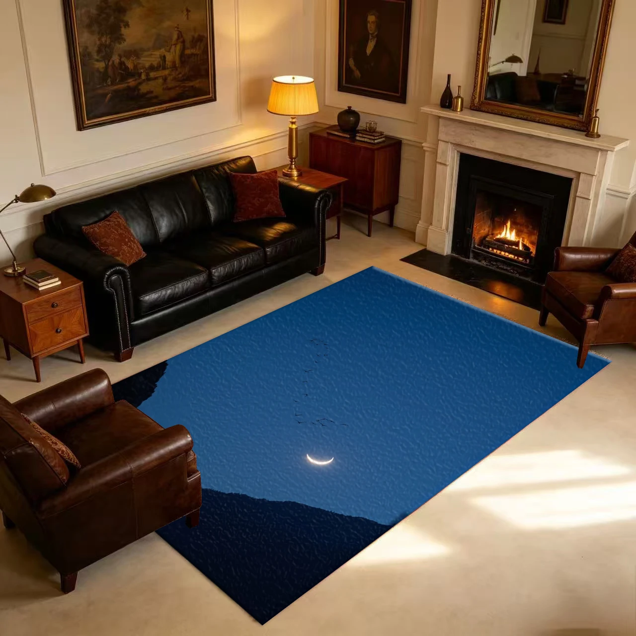 Night Sky Moon Birds Scenery Carpet Artistic Landscape Floor Rug Suitable for Home Living Space