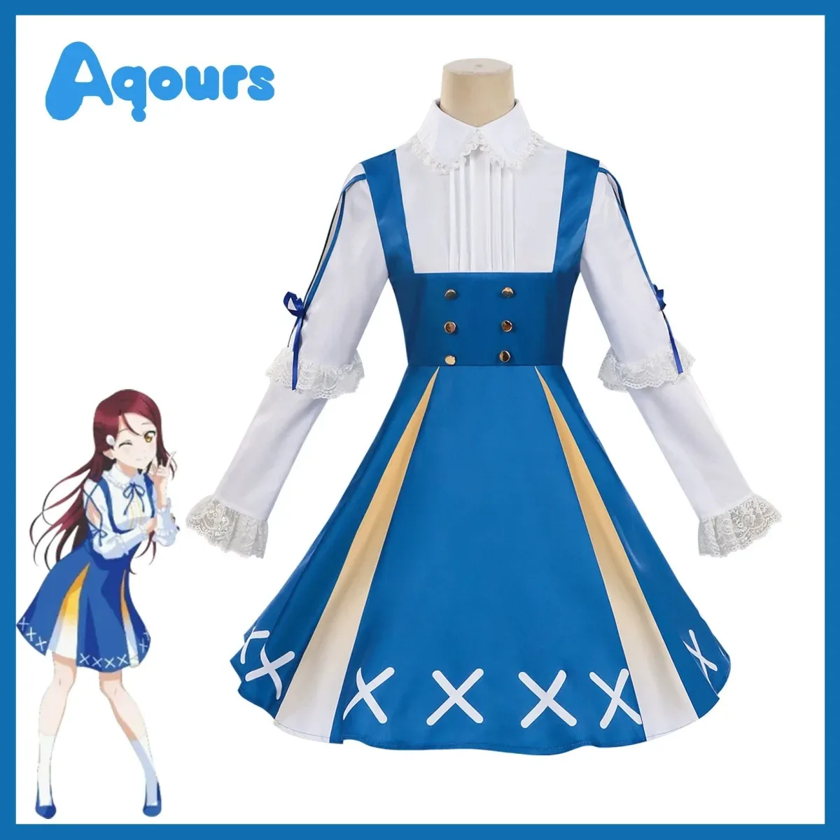 أنيمي لوفيليف! أشعة الشمس!! كوروساوا ديا ساكوراوتشي ريكو تأثيري حلي Aqours فستان أزرق شعر مستعار Kawaii كرنفال حفلة البدلة