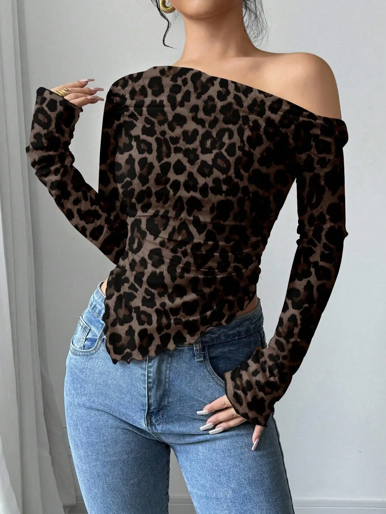 Brown Leopard Print Off Shoulder Long Sleeve Top For Women Fall Winter Party Casual