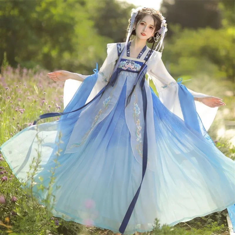 Vestido Hanfu de Hada dulce Vintage de estilo chino para mujer, trajes de princesa con bordado Floral elegante, conjuntos de batas de baile para escenario Cosplay